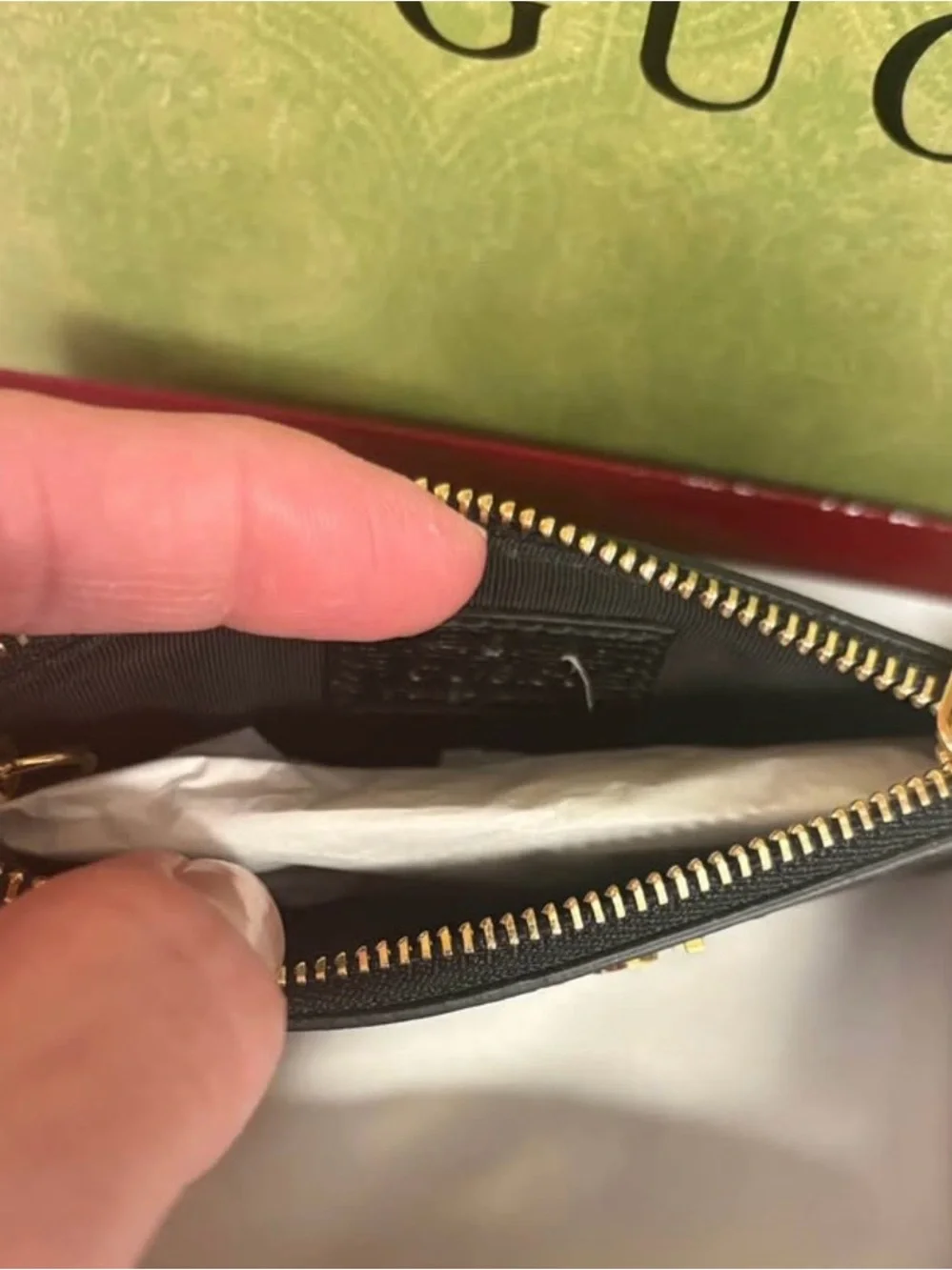 Gucci Black Saffiano Leather Zip Card Case Key Pouch with Gold Chain